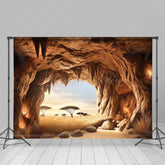 Lofaris Cave Entrance Photography Backdrop Looking out on African Savanna Nature Scenery with Acacia Trees Photo Prop